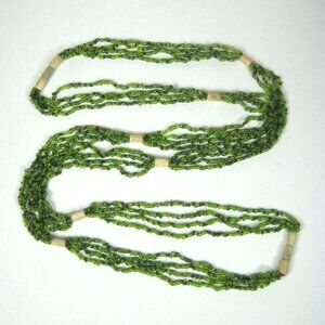 Long Green Glass Beaded Necklace Natural Bone Beads Multi Strand  Boho 62 Inch